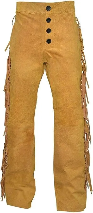 Western Suede Leather Pants with Fringe, Native American Style, Buckskin Color, Button Front