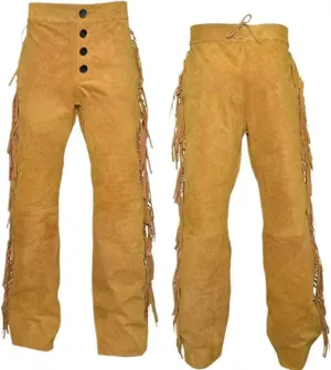 Western Suede Leather Pants with Fringe, Native American Style, Buckskin Color, Button Front