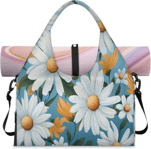 White Daisy Array Waterproof Gym Bag for Men Women, Sports Duffel Bag with Shoe Compartment Yoga Mat Holder, Portable Large Travel Bag for Fitness, Camping, Weekend Trips
