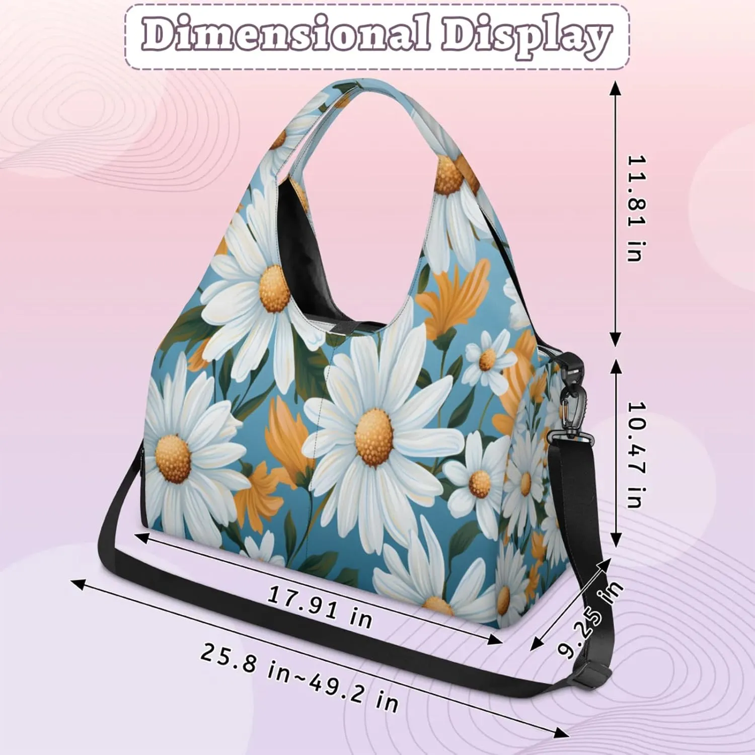 White Daisy Array Waterproof Gym Bag for Men Women, Sports Duffel Bag with Shoe Compartment Yoga Mat Holder, Portable Large Travel Bag for Fitness, Camping, Weekend Trips