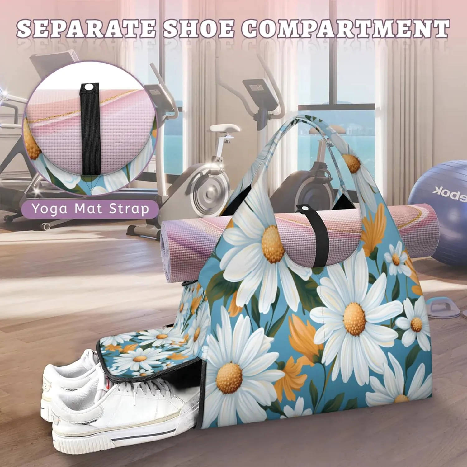 White Daisy Array Waterproof Gym Bag for Men Women, Sports Duffel Bag with Shoe Compartment Yoga Mat Holder, Portable Large Travel Bag for Fitness, Camping, Weekend Trips