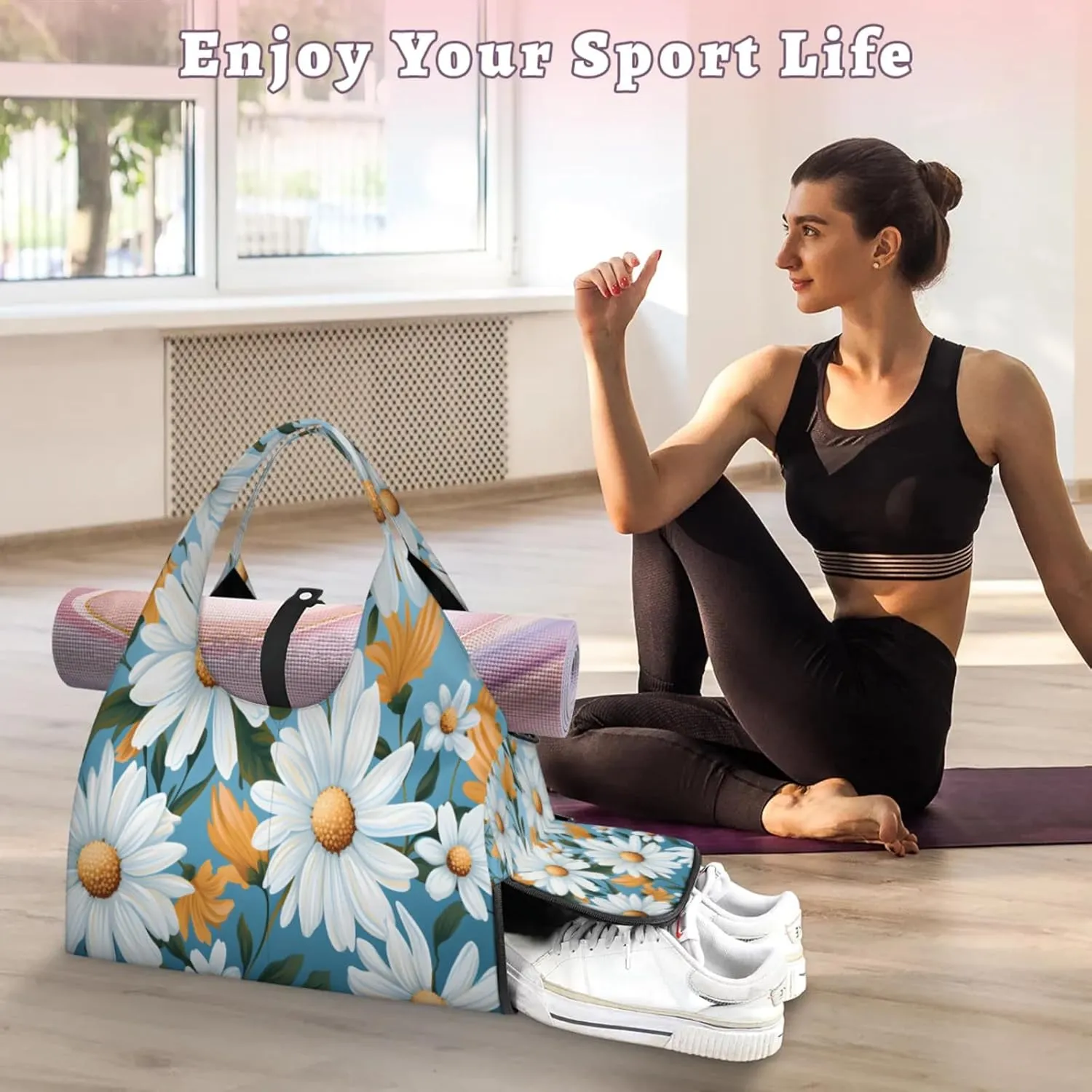 White Daisy Array Waterproof Gym Bag for Men Women, Sports Duffel Bag with Shoe Compartment Yoga Mat Holder, Portable Large Travel Bag for Fitness, Camping, Weekend Trips