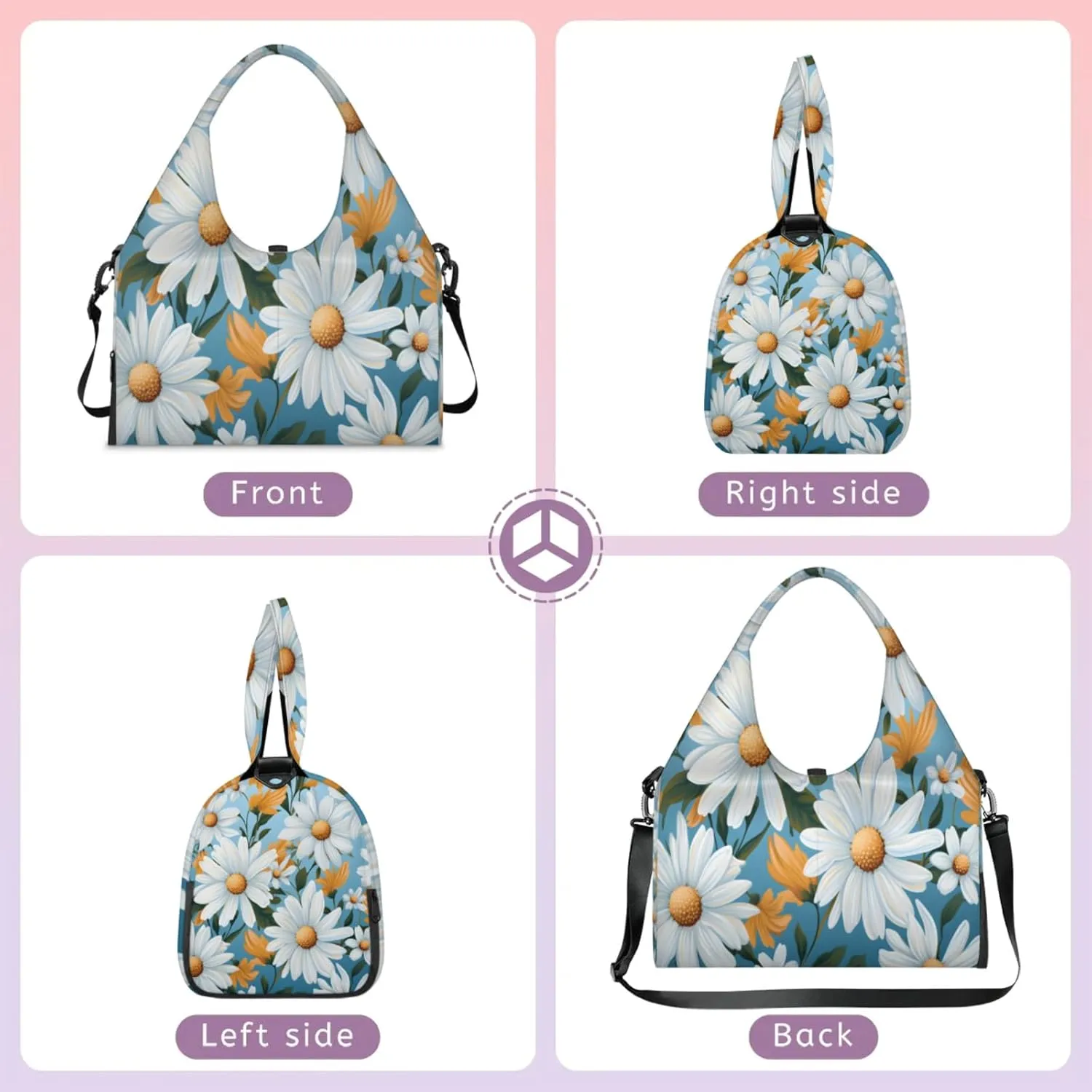 White Daisy Array Waterproof Gym Bag for Men Women, Sports Duffel Bag with Shoe Compartment Yoga Mat Holder, Portable Large Travel Bag for Fitness, Camping, Weekend Trips