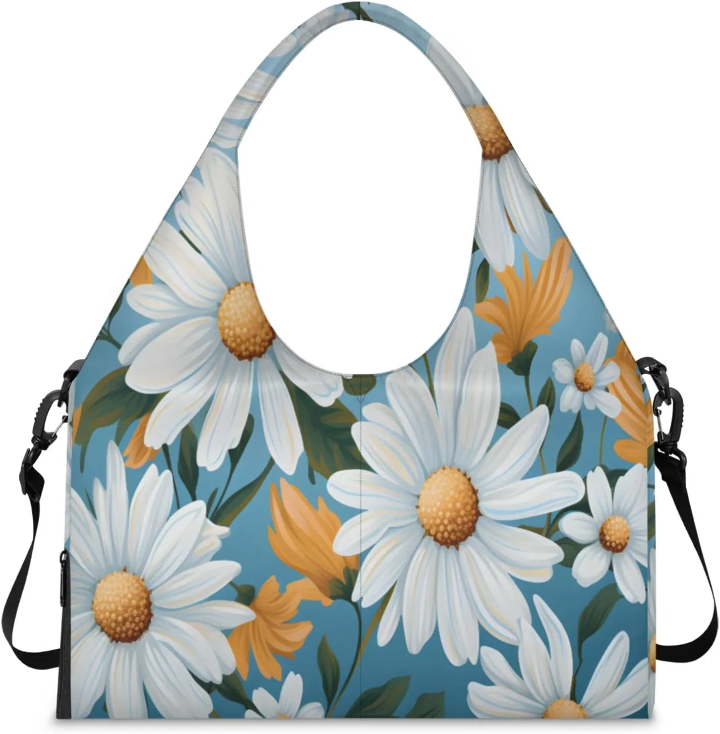White Daisy Array Waterproof Gym Bag for Men Women, Sports Duffel Bag with Shoe Compartment Yoga Mat Holder, Portable Large Travel Bag for Fitness, Camping, Weekend Trips