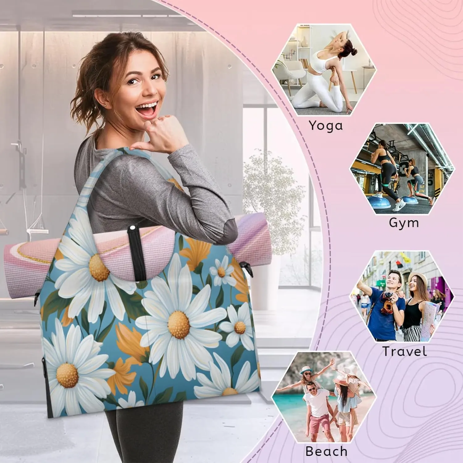 White Daisy Array Waterproof Gym Bag for Men Women, Sports Duffel Bag with Shoe Compartment Yoga Mat Holder, Portable Large Travel Bag for Fitness, Camping, Weekend Trips