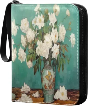White Flower Painting Card Binder with 50 Removable Page Sleeves PU Leather Collectible Trading Card Albums Book with Zipper for Games Card,Baseball Cards