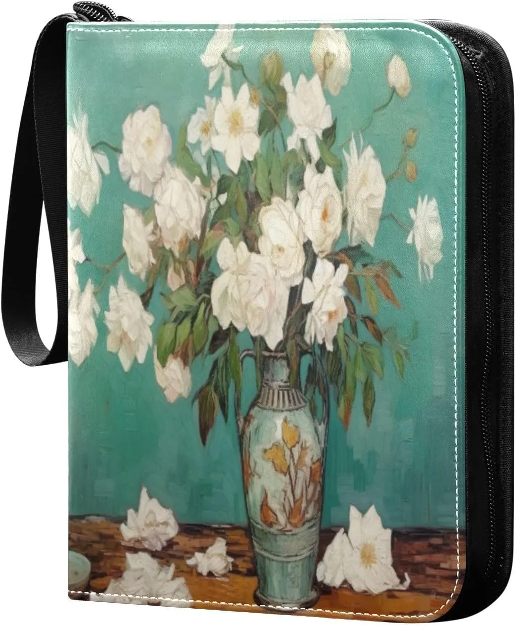 White Flower Painting Card Binder with 50 Removable Page Sleeves PU Leather Collectible Trading Card Albums Book with Zipper for Games Card,Baseball Cards