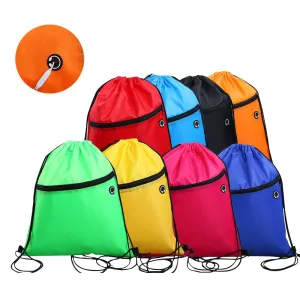 Wholesale Durable Polyester Drawstring Gym Bags with Front Zipper Pocket
