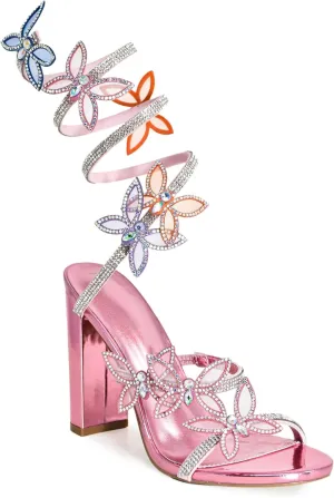 Wild Diva Rainbow Embellished Rhinestone Butterfly Spiral Coil Wrap Around Block Heels-581A-PKMP-8