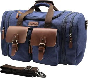 Wildroad 50L Travel Duffel Bag, Expandable Canvas Genuine Leather Duffle Bag Upgraded Overnight Weekender Carry on Bag