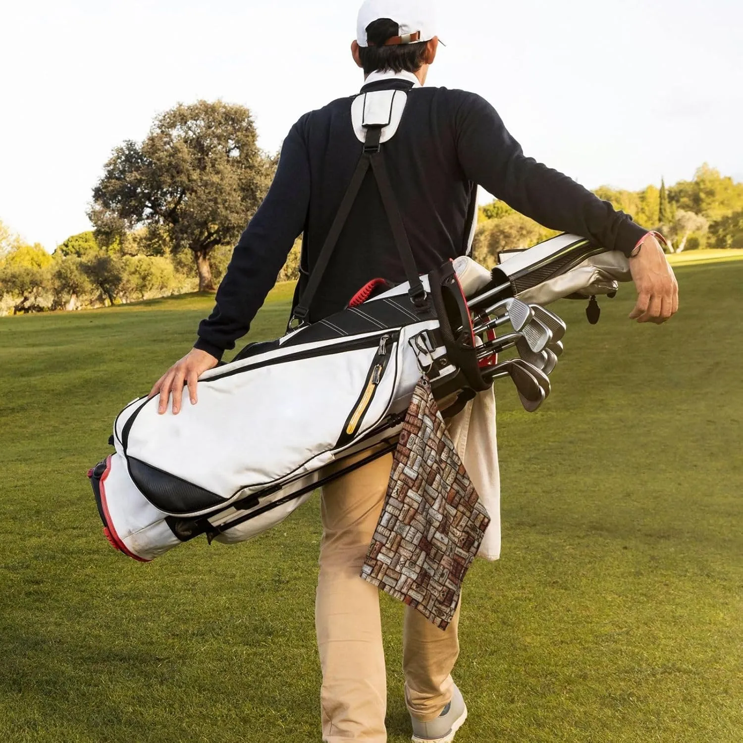 Wine Cork Print Golf Club Towel for Men and Women - Portable with Carabiner Clip, Perfect for Golf, Gym, Beach