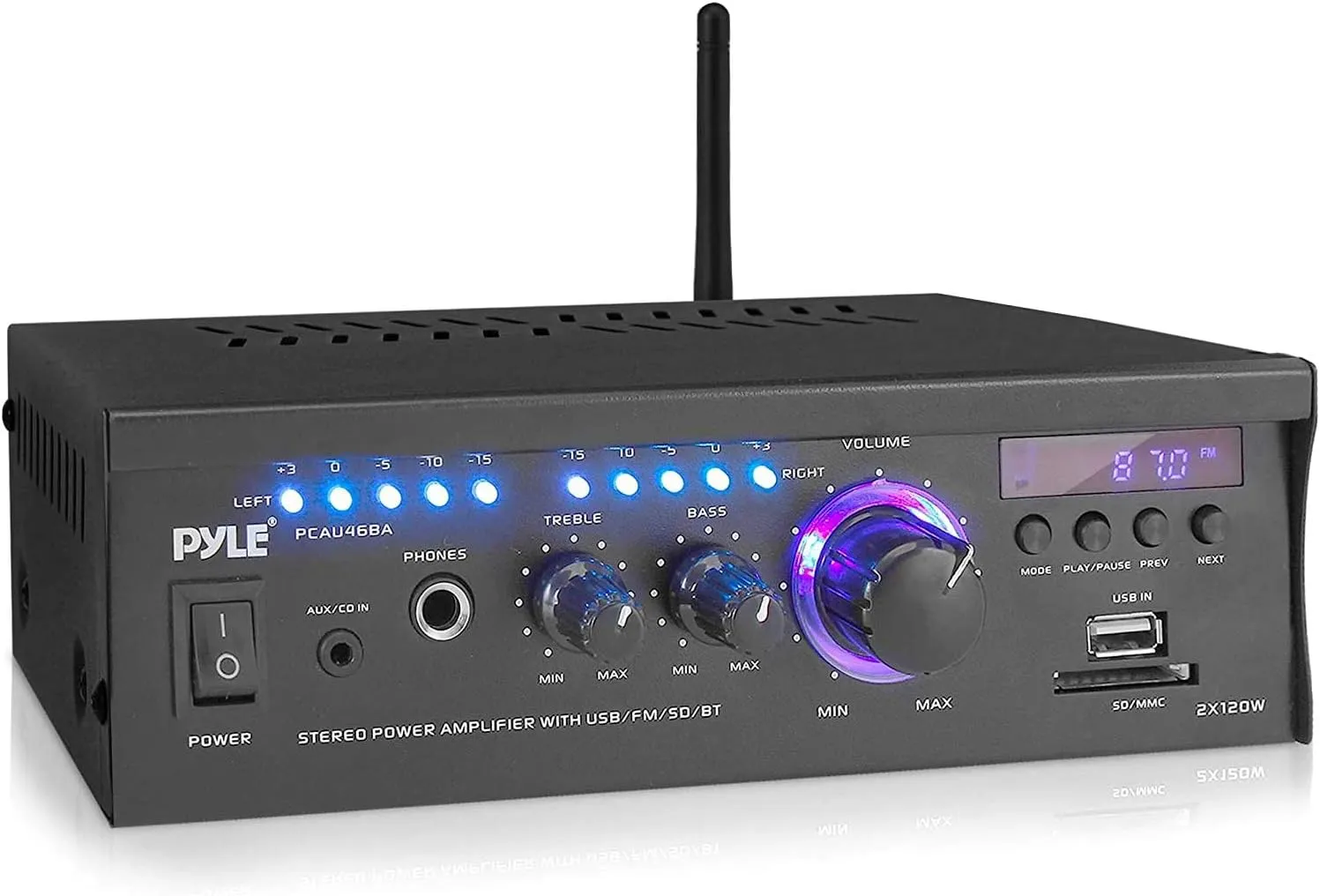 Wireless Bluetooth Home Stereo Amplifier - 2x120 Watt Power Amplifier Home Audio Bluetooth Receiver System w/Blue LED Display, AM/FM Radio, USB/SD, AUX, RCA, Headphone Jack - Remote - PCAU46BA