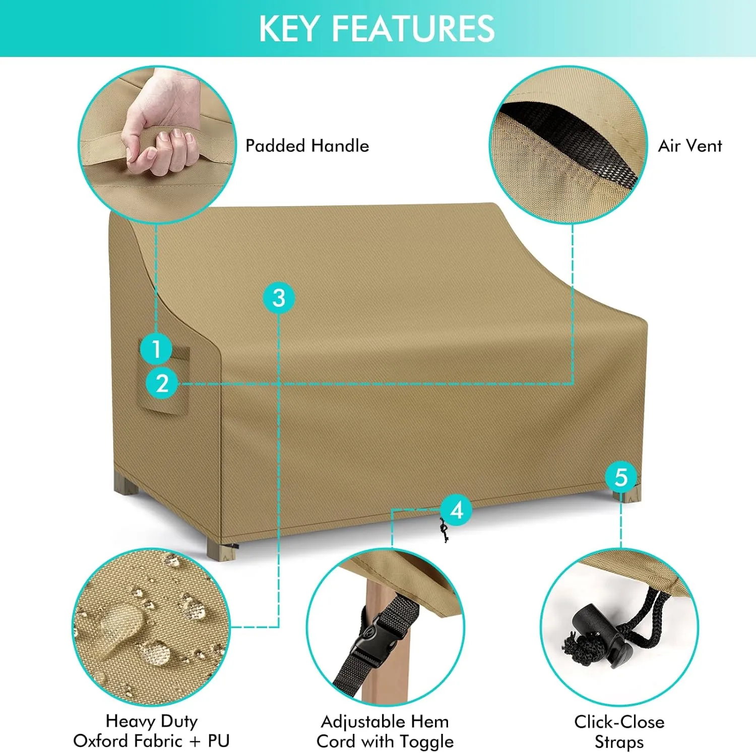 WLEAFJ Patio Sofa Cover Waterproof, Outdoor Loveseat Cover, Heavy Duty Outdoor Couch Cover, Large Lawn Patio Furniture Covers with Air Vent, 54’’ W x 37’’ D x 35’’ H, Khaki
