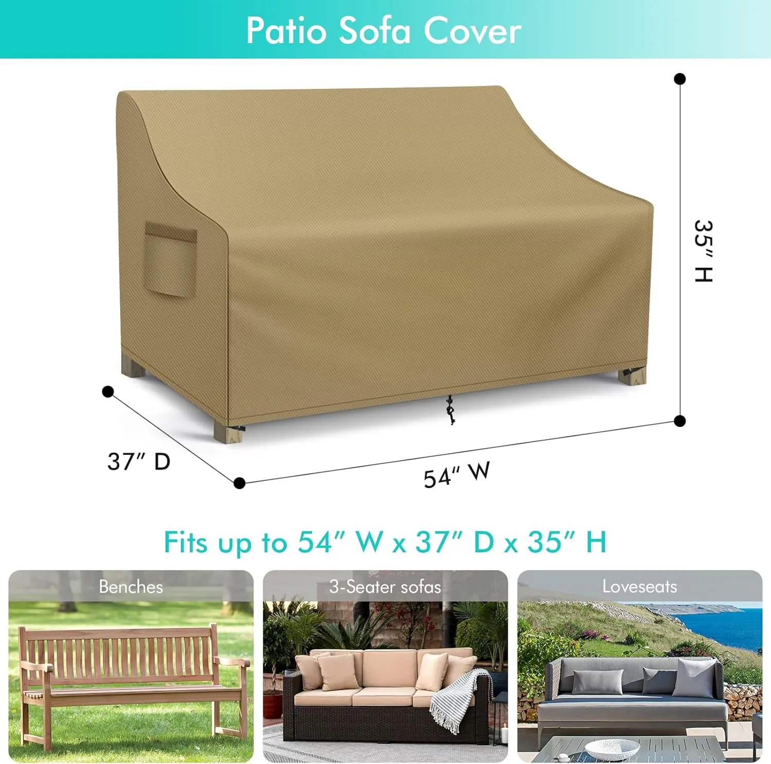 WLEAFJ Patio Sofa Cover Waterproof, Outdoor Loveseat Cover, Heavy Duty Outdoor Couch Cover, Large Lawn Patio Furniture Covers with Air Vent, 54’’ W x 37’’ D x 35’’ H, Khaki