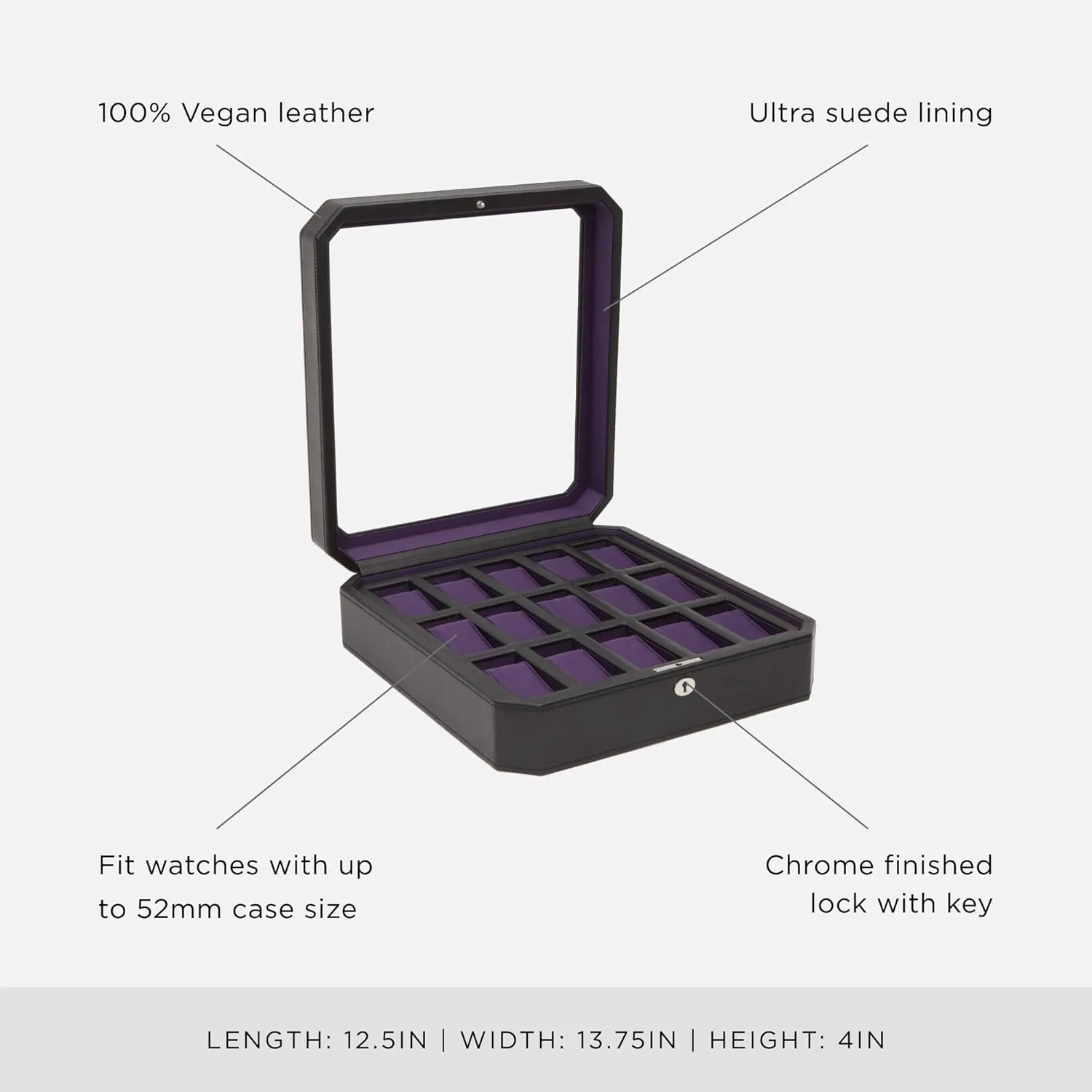 Wolf Designs Windsor 15-Piece Watch Box, Black/Purple - Features 15 Watch Compartments & Vegan Leather Exterior