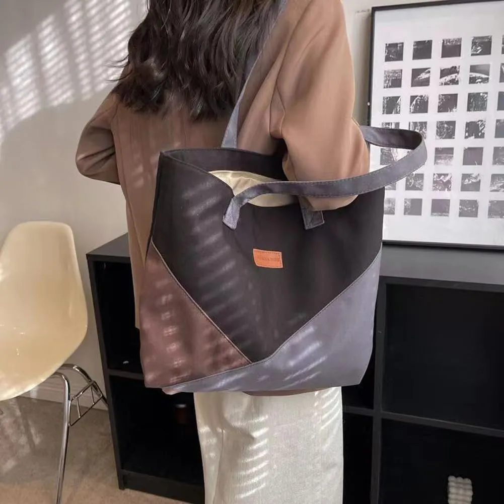 Women Canvas Tote Handbags Contrast Color Casual Shoulder Work Bag Splice Stitching Top Handle Bag Purses
