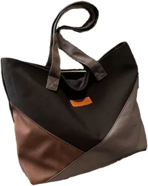 Women Canvas Tote Handbags Contrast Color Casual Shoulder Work Bag Splice Stitching Top Handle Bag Purses