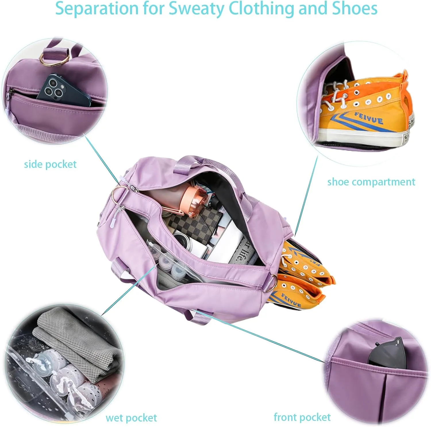 Women Gym Bag with Separation for Wet and Dry, Shoe Storage, Waterproof Travel Duffle Bag for Gym, Swimming, Yoga, Sports (Purple)