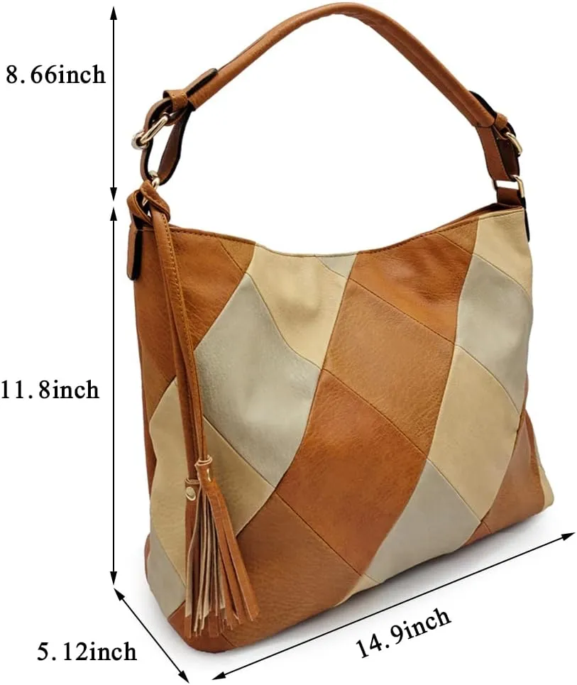 Women Leather Handbag Purse Patchwork Color Shoulder Bag Contrast Color Satchels