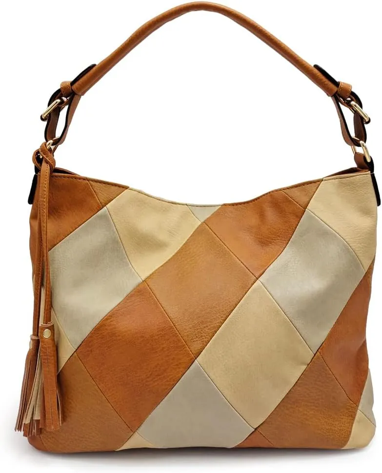 Women Leather Handbag Purse Patchwork Color Shoulder Bag Contrast Color Satchels