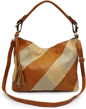 Women Leather Handbag Purse Patchwork Color Shoulder Bag Contrast Color Satchels