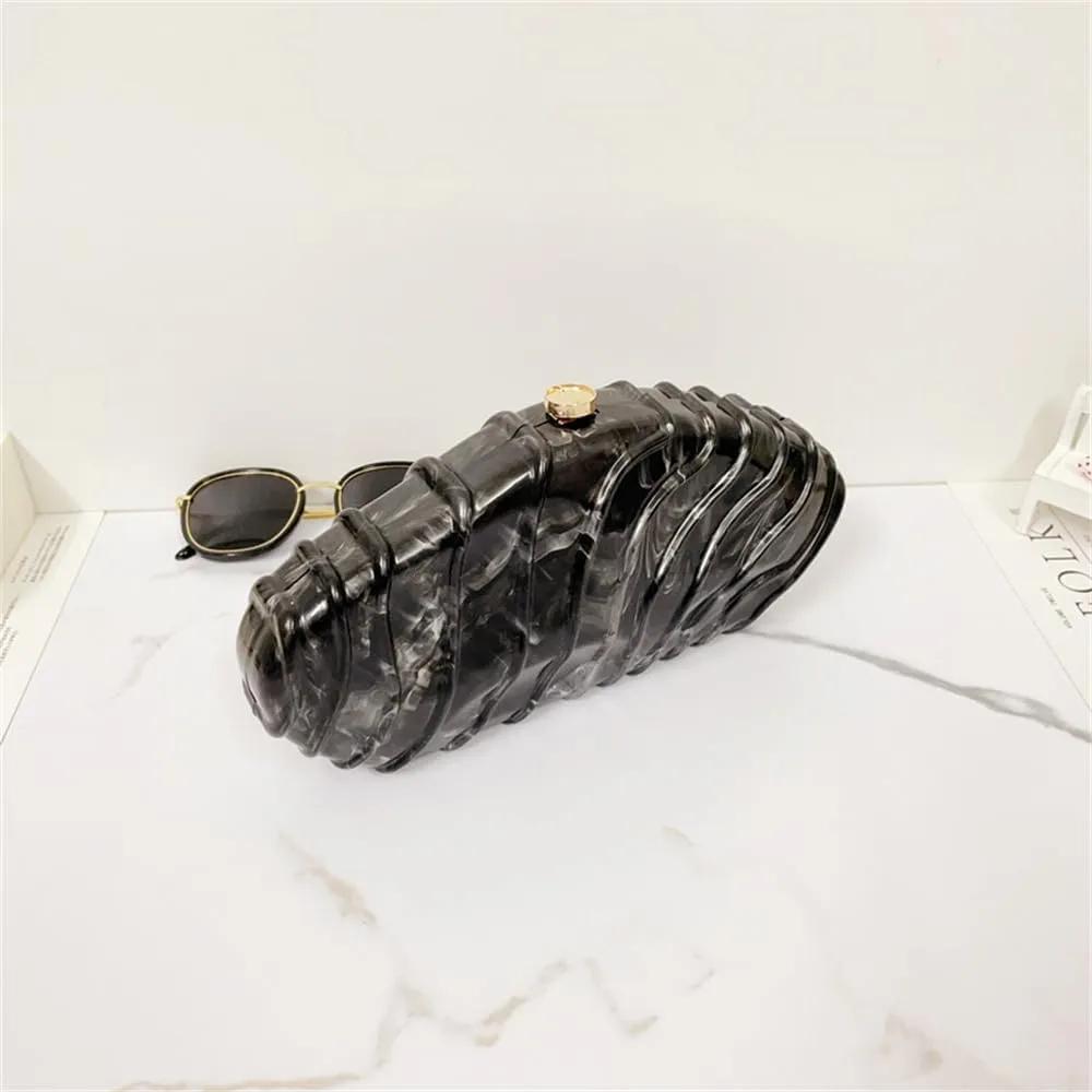 Women Shell Shape Acrylic Evening Clutch Purse Unique Stripe Marble Handbag for Party Cocktail Wedding