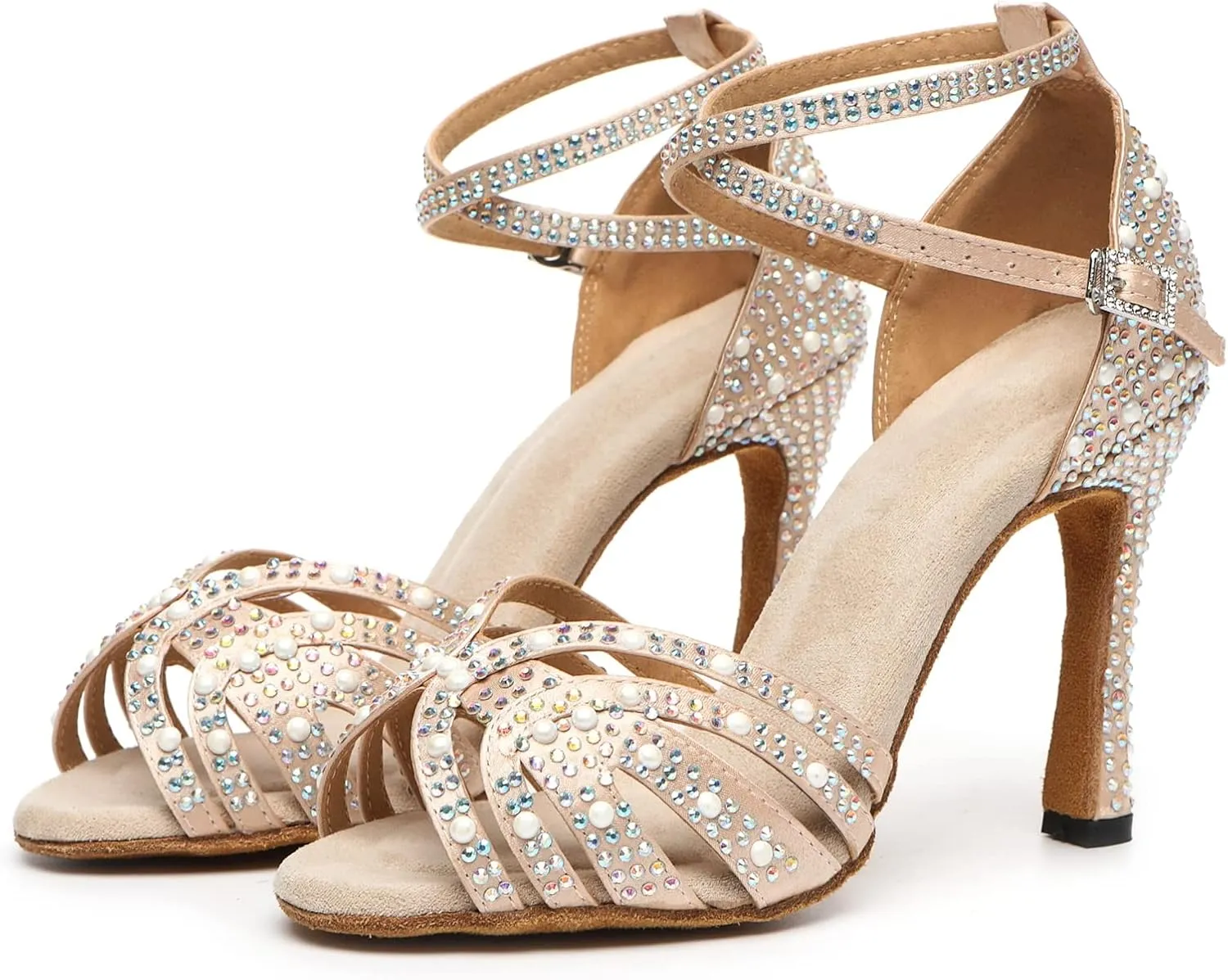 Womens Beaded Latin Salsa Dancing Shoes Ankle Strap Wedding Evening Sandals