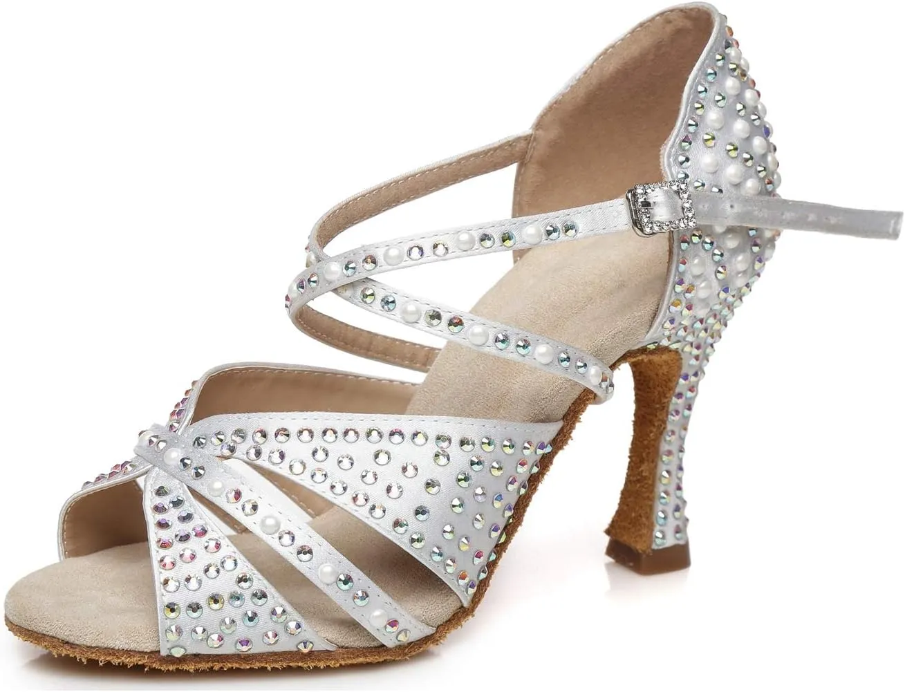 Womens Beaded Latin Salsa Dancing Shoes Ankle Strap Wedding Evening Sandals