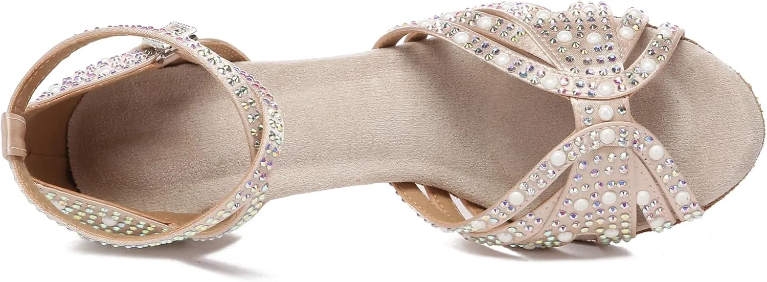 Womens Beaded Latin Salsa Dancing Shoes Ankle Strap Wedding Evening Sandals