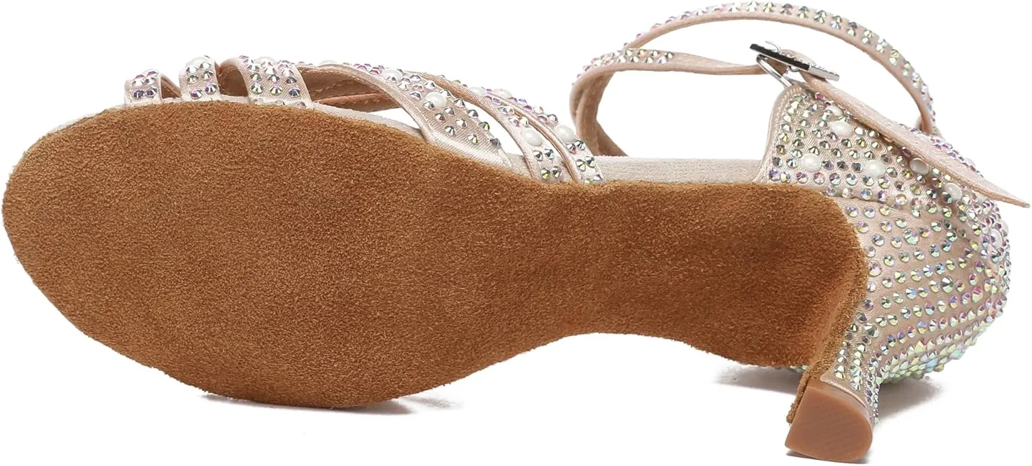 Womens Beaded Latin Salsa Dancing Shoes Ankle Strap Wedding Evening Sandals
