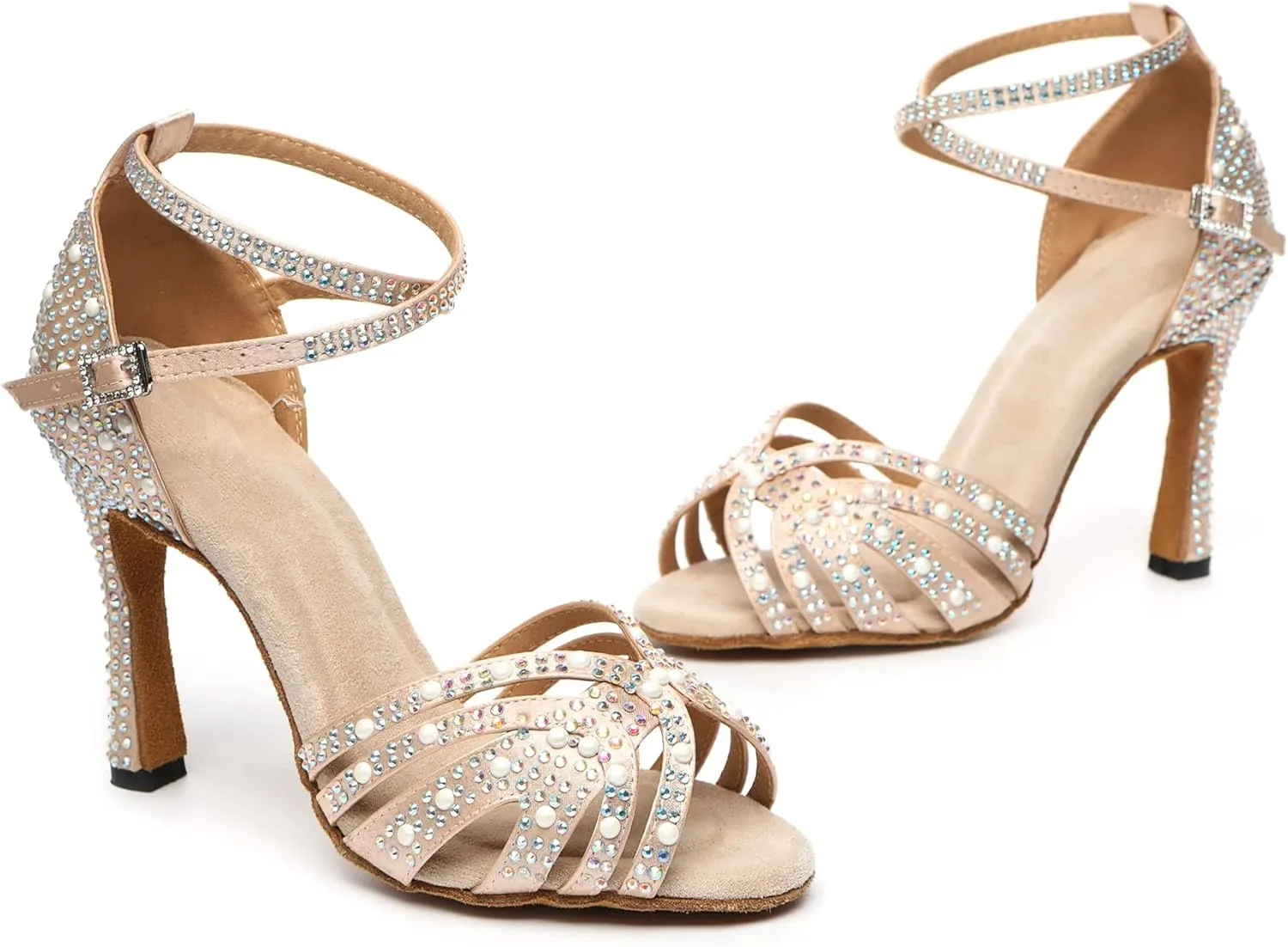 Womens Beaded Latin Salsa Dancing Shoes Ankle Strap Wedding Evening Sandals