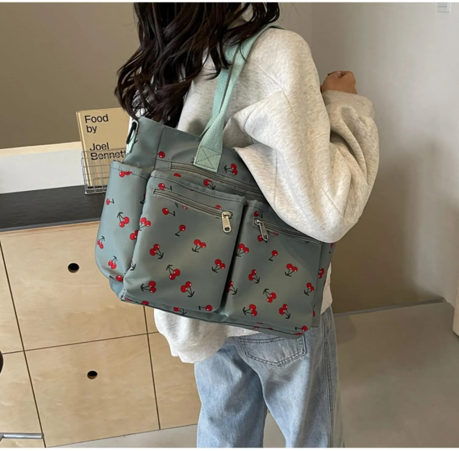 Women's Cherry Print Tote Bag Large Capacity Nylon Crossbody Shoulder Bag with Multiple Pockets for Work, Travel & Daily Use