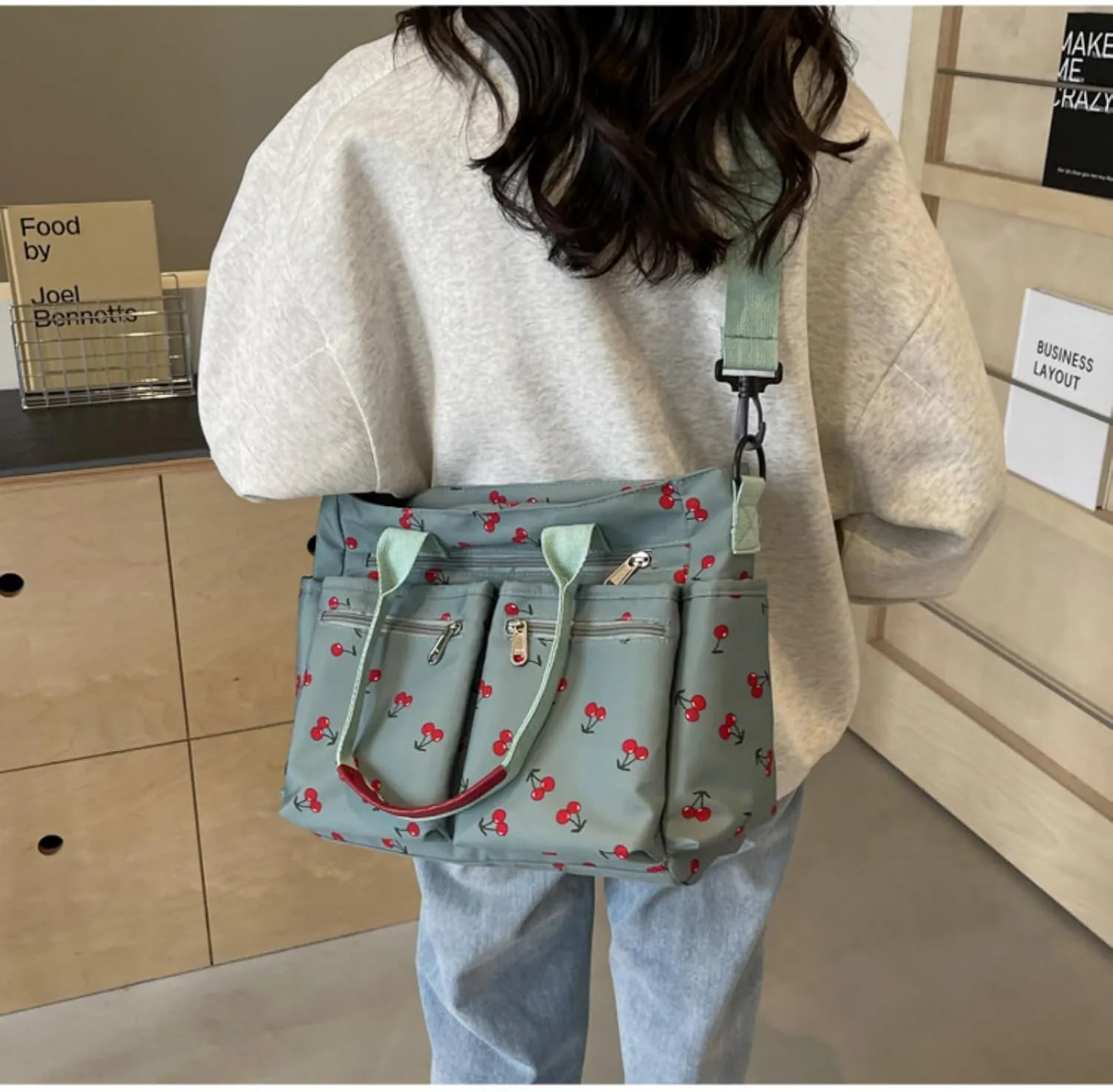 Women's Cherry Print Tote Bag Large Capacity Nylon Crossbody Shoulder Bag with Multiple Pockets for Work, Travel & Daily Use