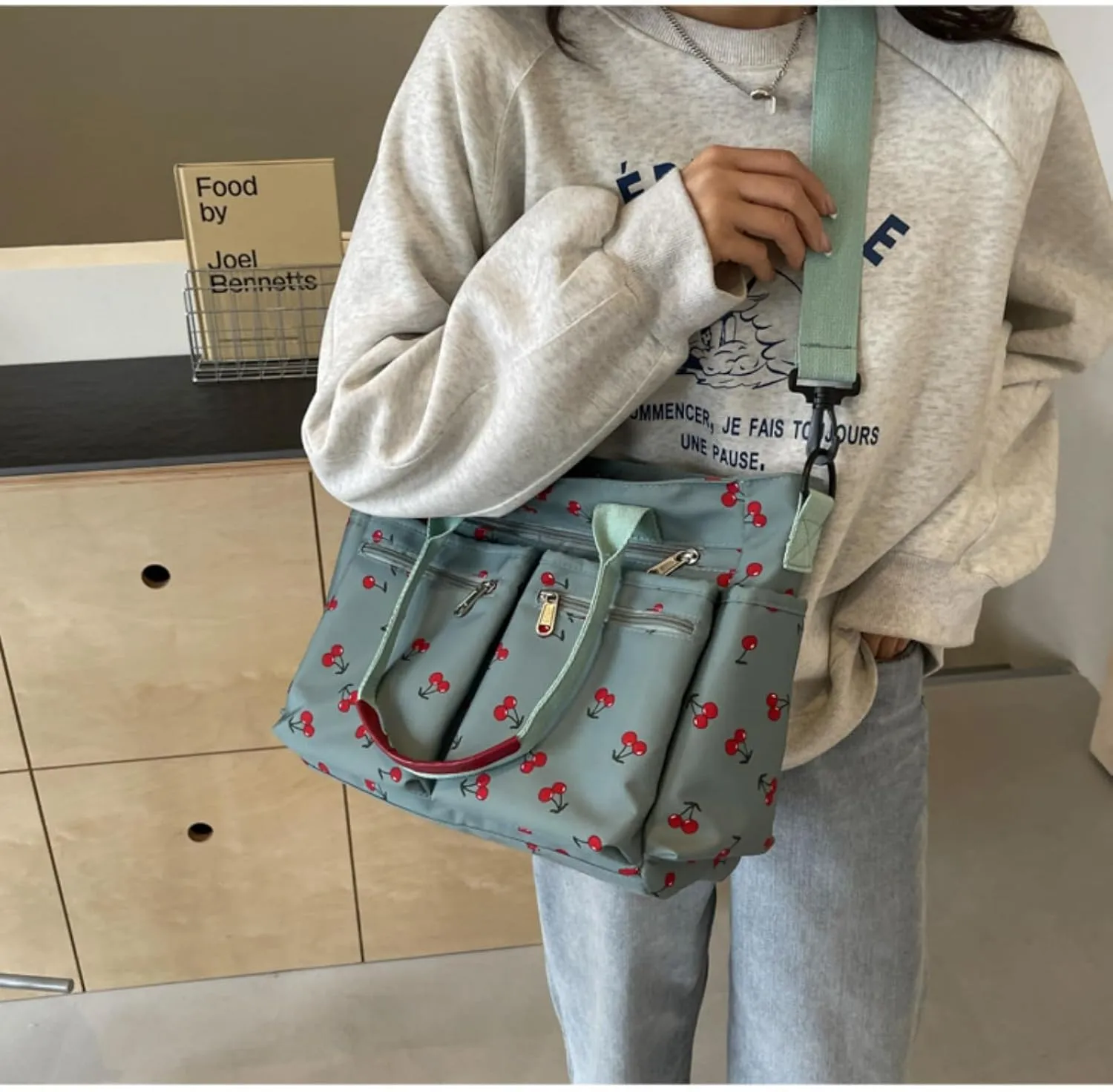 Women's Cherry Print Tote Bag Large Capacity Nylon Crossbody Shoulder Bag with Multiple Pockets for Work, Travel & Daily Use
