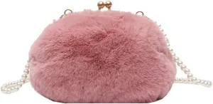 Women’s Crossbody Purse Faux Fur Shoulder Bag Plush Purse Kiss Lock Clutch Purse with Pearl Strap Autumn and Winter