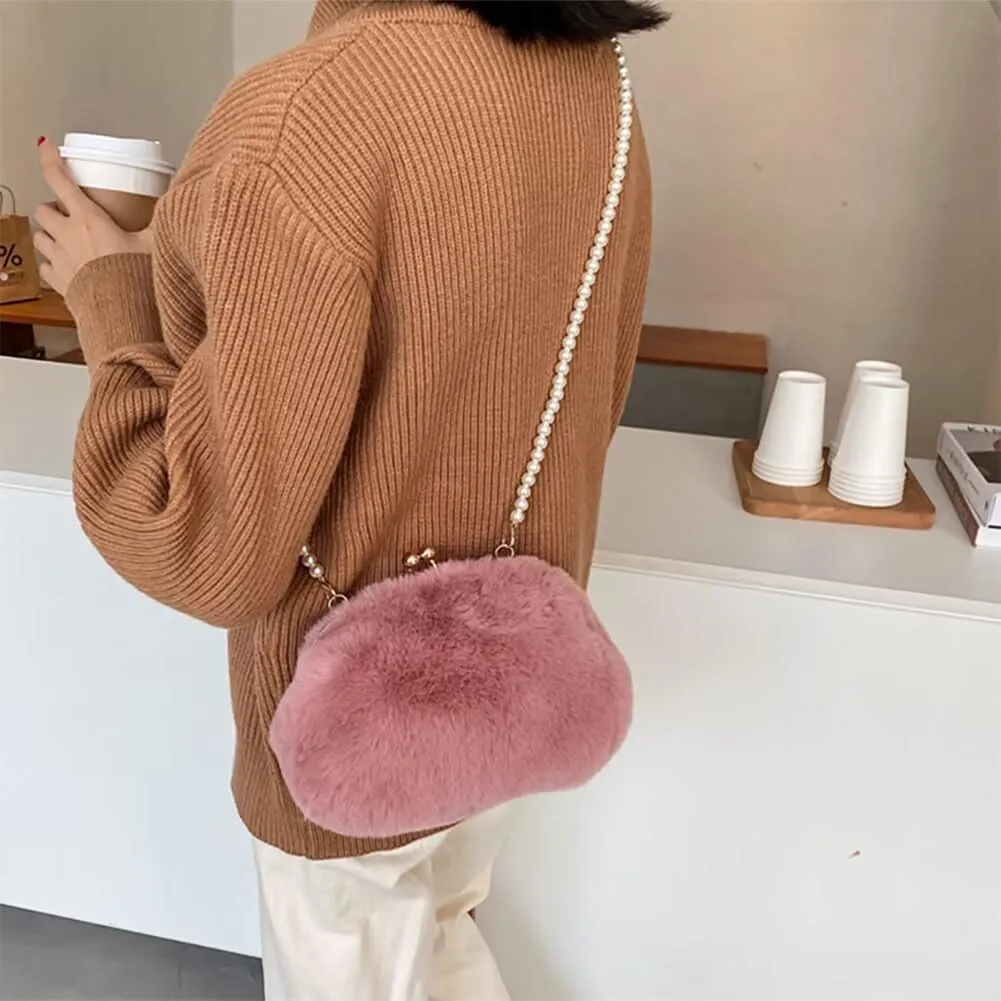 Women’s Crossbody Purse Faux Fur Shoulder Bag Plush Purse Kiss Lock Clutch Purse with Pearl Strap Autumn and Winter