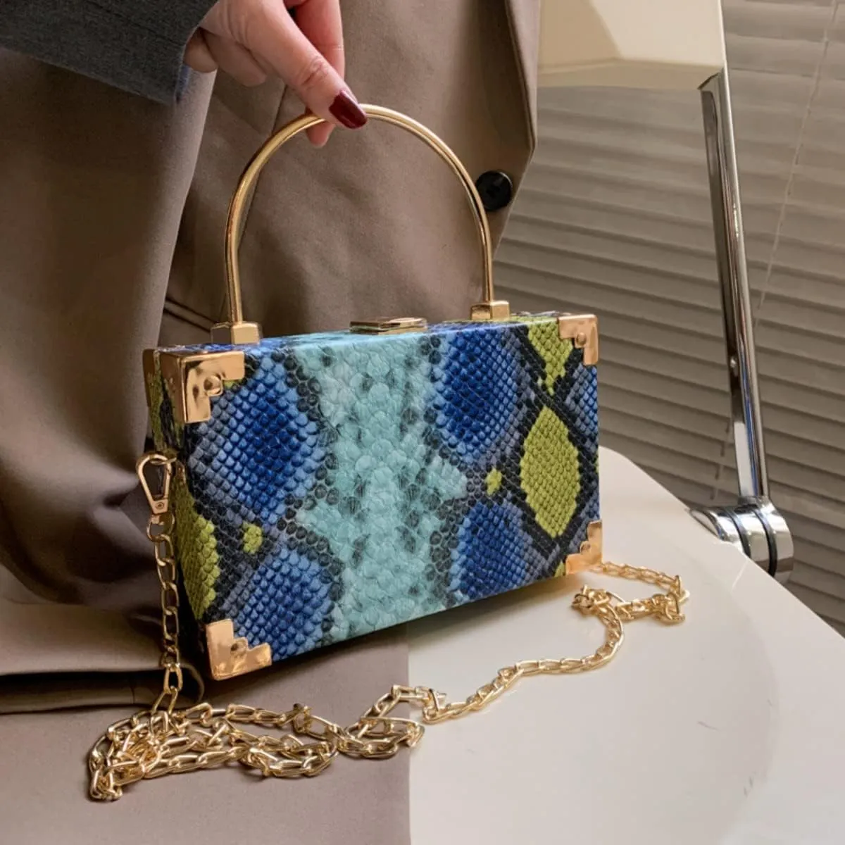 Womens Fashion Snakeskin Evening Handbag Top Handle Clutch Purse Chain Shoulder Cross-body Bag Khaki