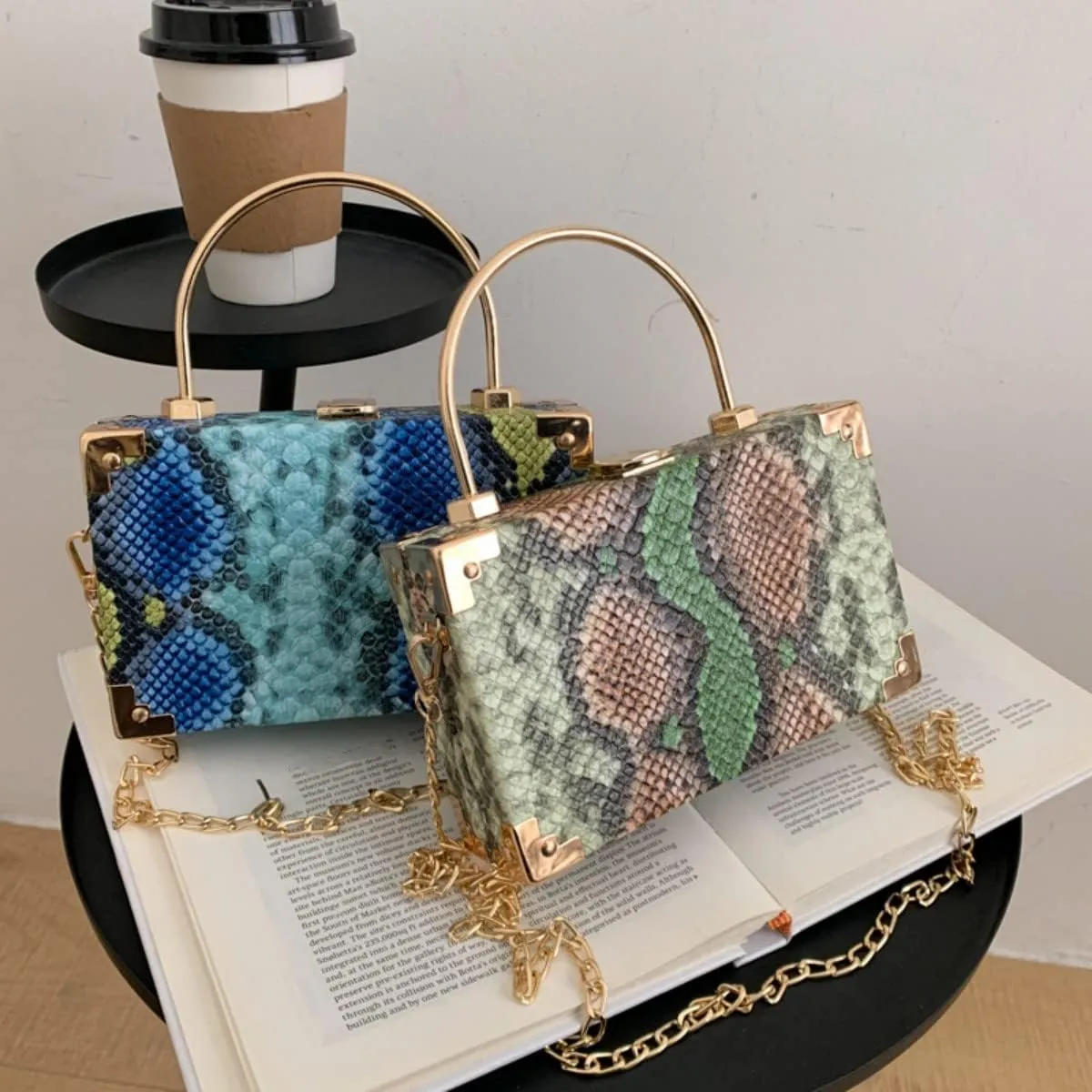 Womens Fashion Snakeskin Evening Handbag Top Handle Clutch Purse Chain Shoulder Cross-body Bag Khaki