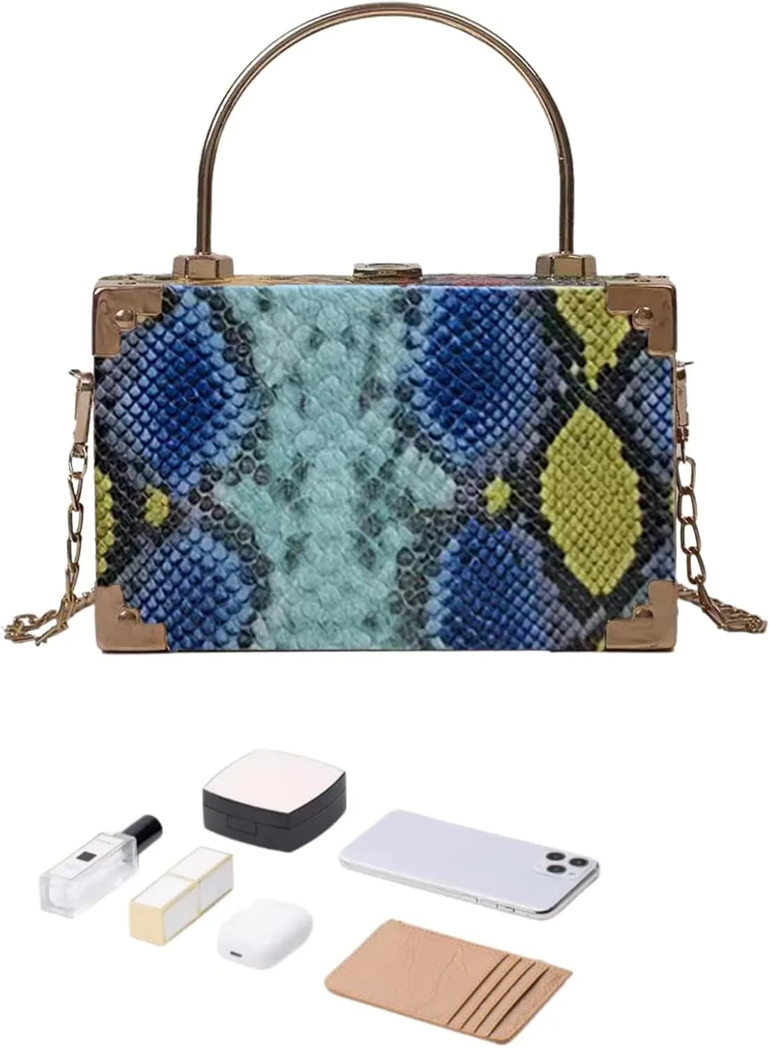 Womens Fashion Snakeskin Evening Handbag Top Handle Clutch Purse Chain Shoulder Cross-body Bag Khaki