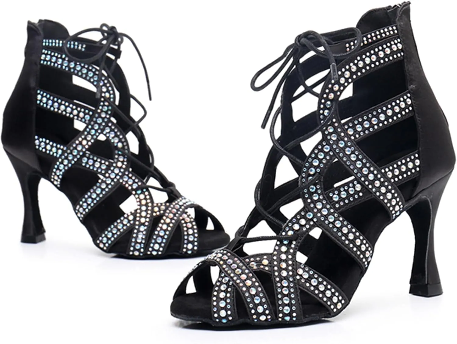 Womens Girls Salsa Dancing Shoes Crystals Beaded Ballroom Heels Wedding Evening Ankle Booties with Zip X3222