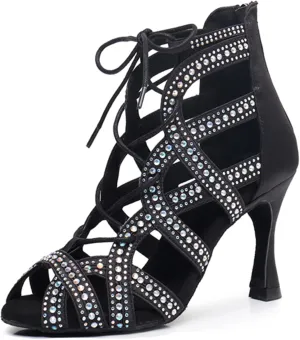 Womens Girls Salsa Dancing Shoes Crystals Beaded Ballroom Heels Wedding Evening Ankle Booties with Zip X3222
