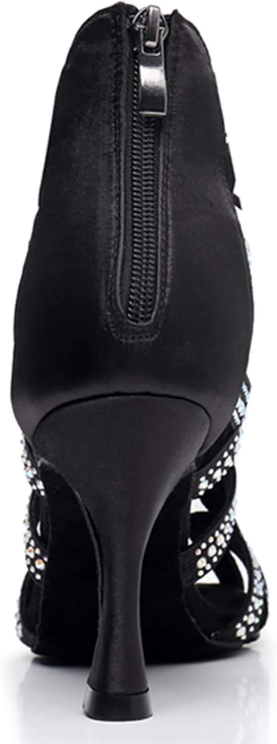 Womens Girls Salsa Dancing Shoes Crystals Beaded Ballroom Heels Wedding Evening Ankle Booties with Zip X3222