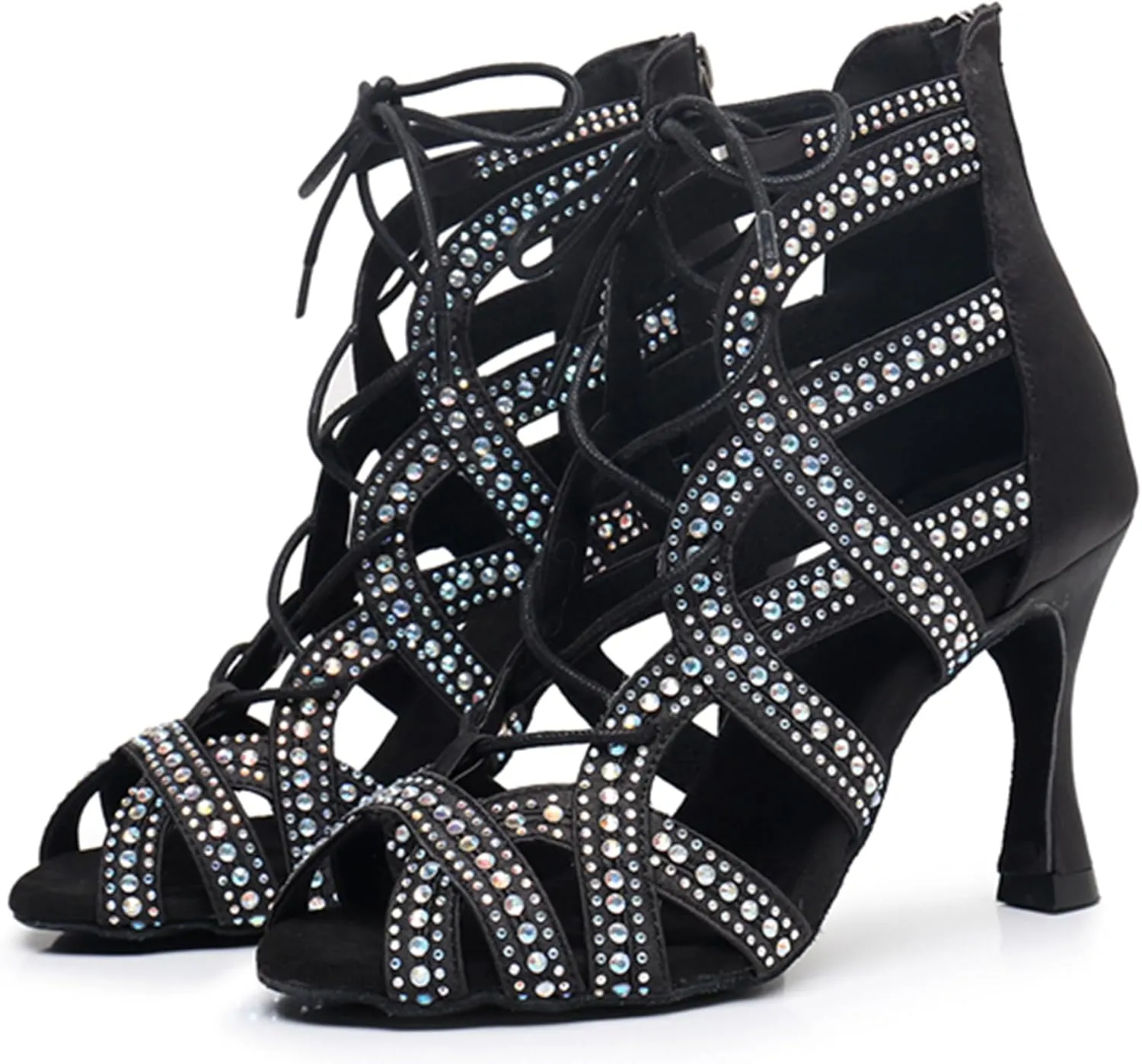Womens Girls Salsa Dancing Shoes Crystals Beaded Ballroom Heels Wedding Evening Ankle Booties with Zip X3222