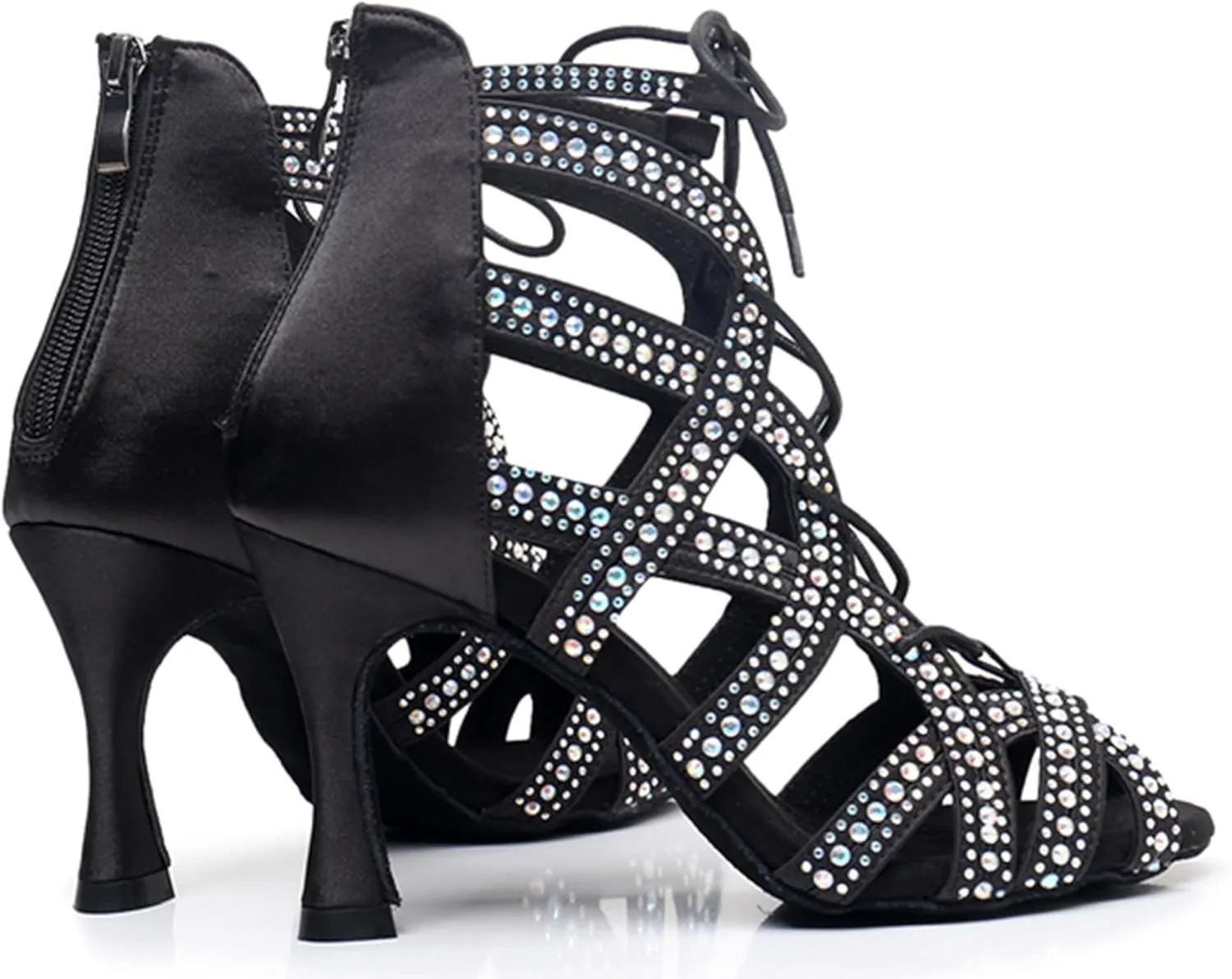 Womens Girls Salsa Dancing Shoes Crystals Beaded Ballroom Heels Wedding Evening Ankle Booties with Zip X3222