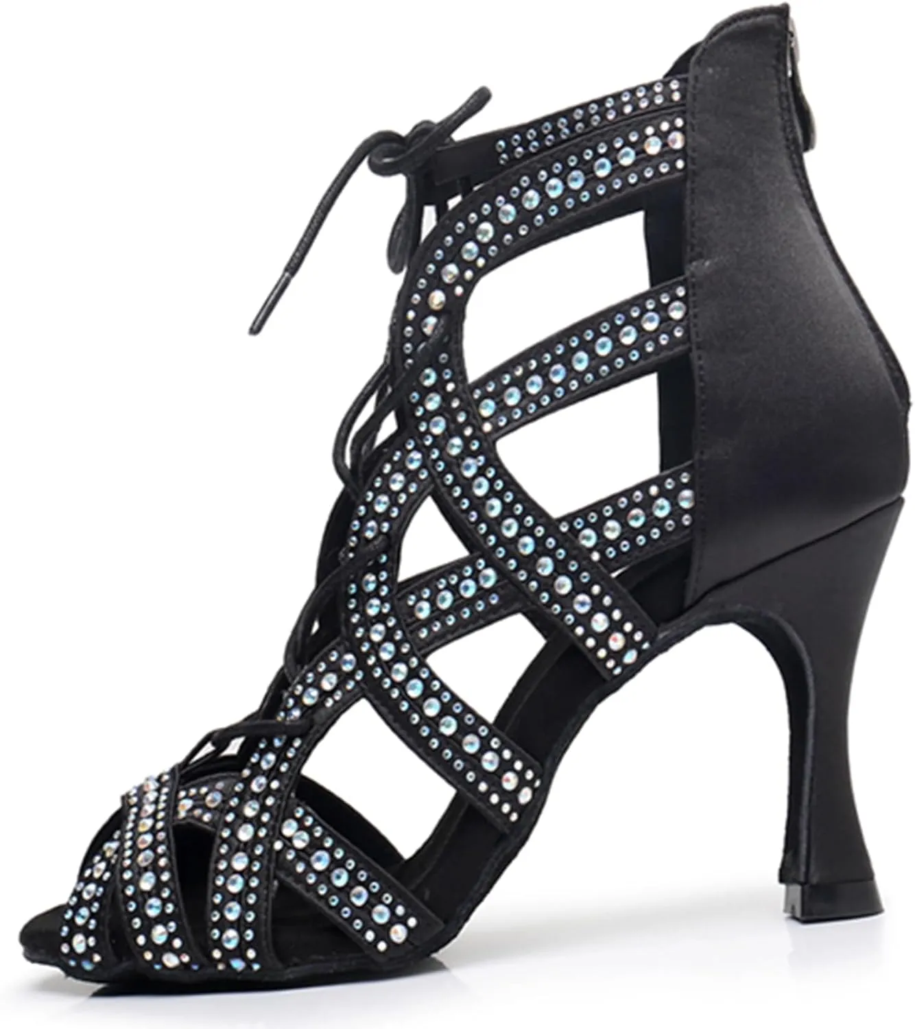 Womens Girls Salsa Dancing Shoes Crystals Beaded Ballroom Heels Wedding Evening Ankle Booties with Zip X3222