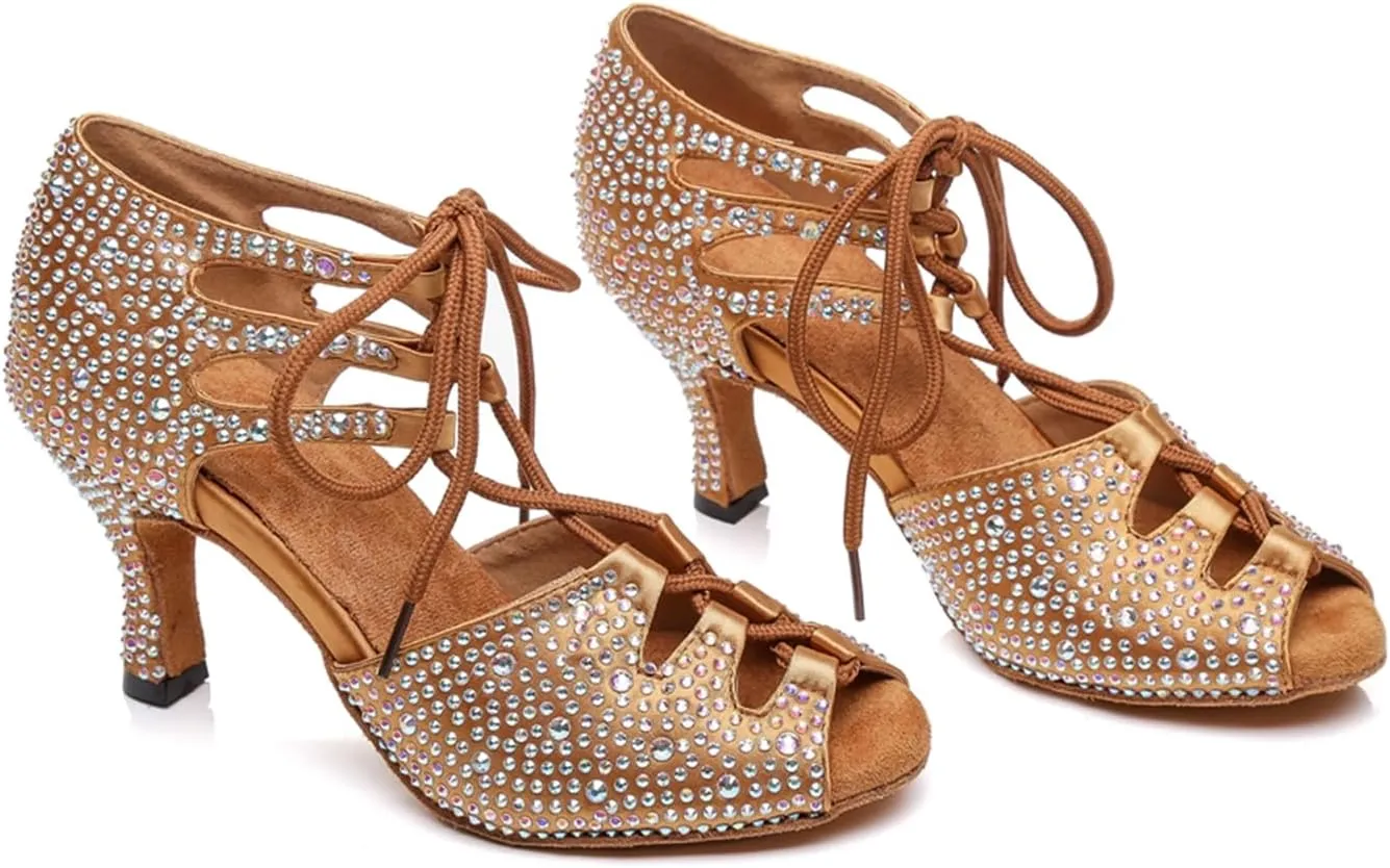 Women's Lace-up Peep Toe Ballroom Tango Party Wedding Practice Performence Professional Dance Shoes