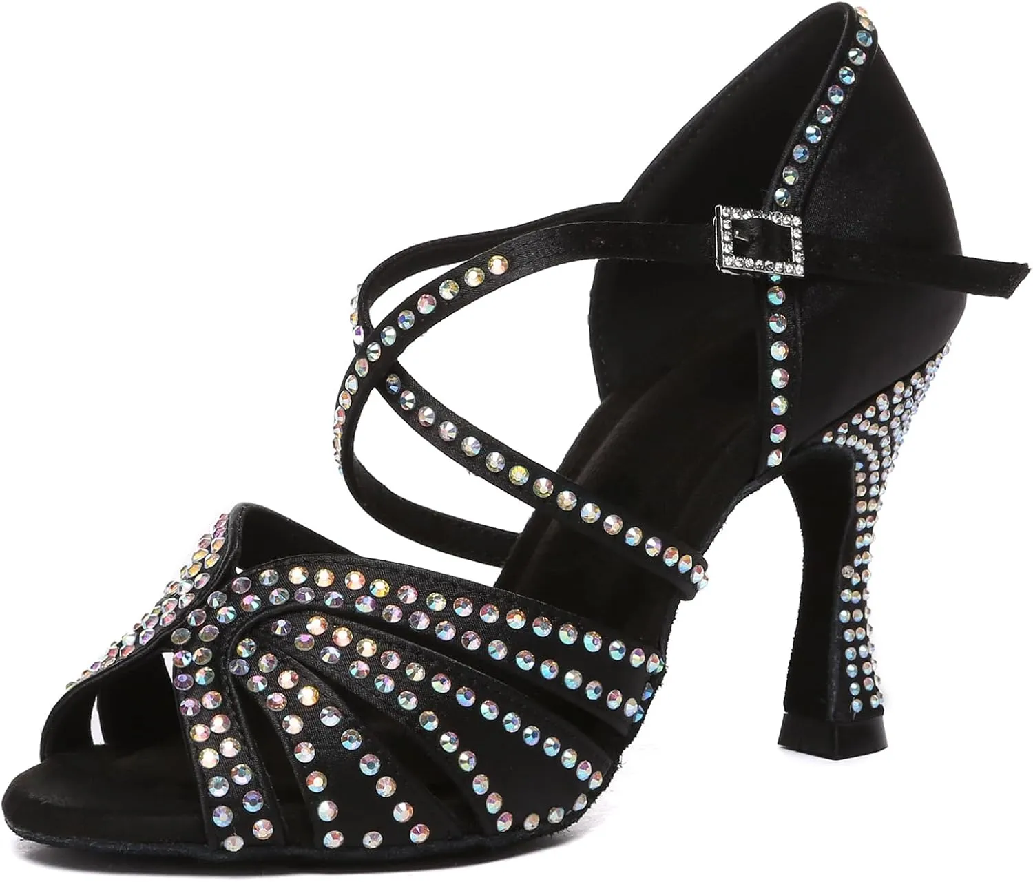 Womens Low High Heel Dance Shoes with Rhinestones Comfortable Wedding Evening Sandals