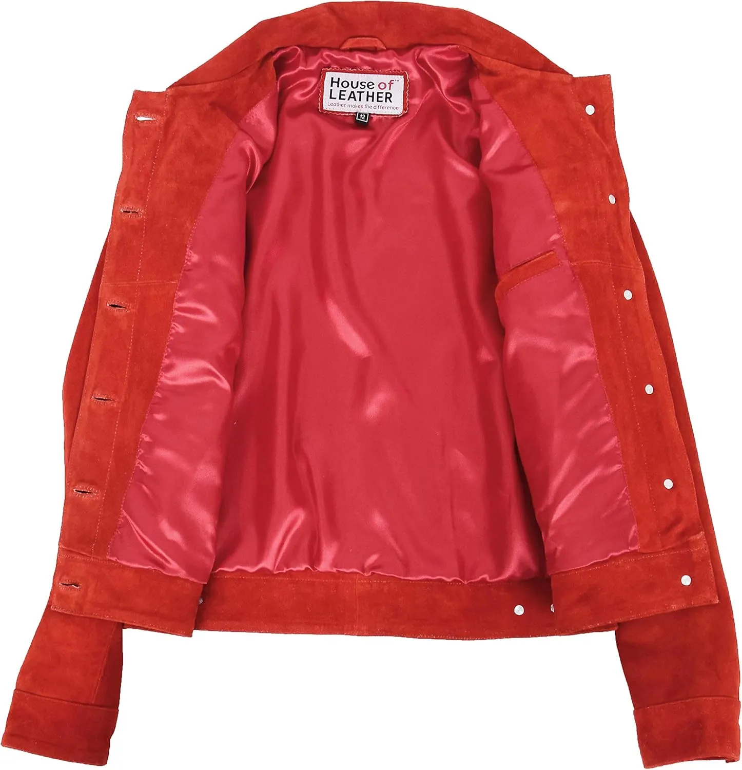 Womens Real Suede Trucker Jacket Classic Button Fastening Style Alma Red