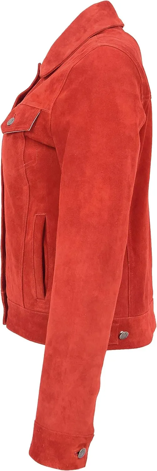 Womens Real Suede Trucker Jacket Classic Button Fastening Style Alma Red