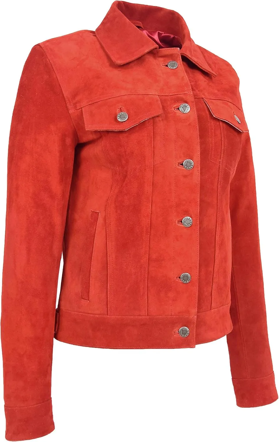 Womens Real Suede Trucker Jacket Classic Button Fastening Style Alma Red
